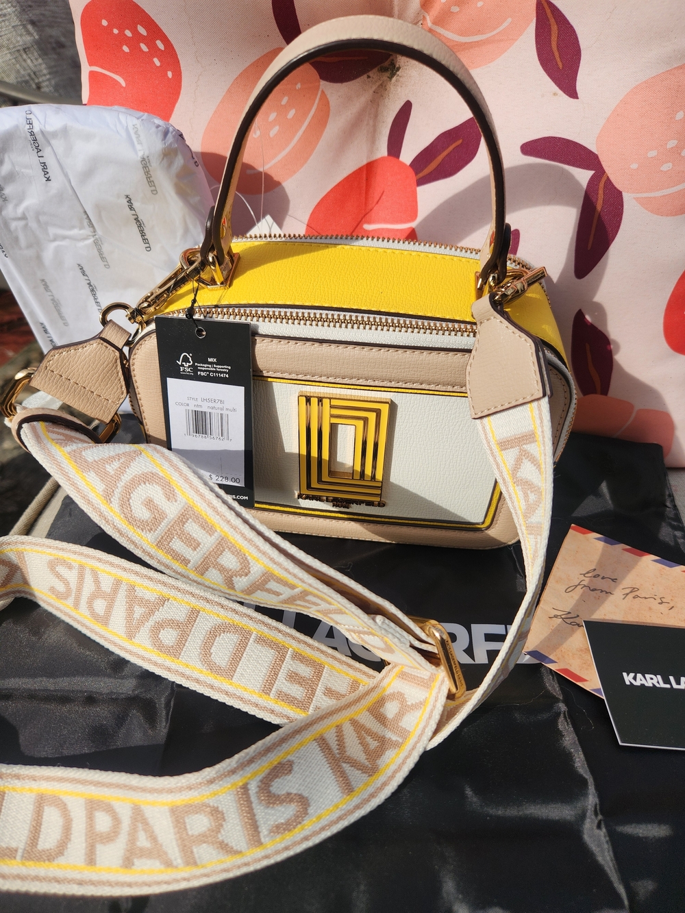 Karl Lagerfeld Yellow, Cream Crossbody w Gold Trim Logo  & Logo Guitar Strap NWT